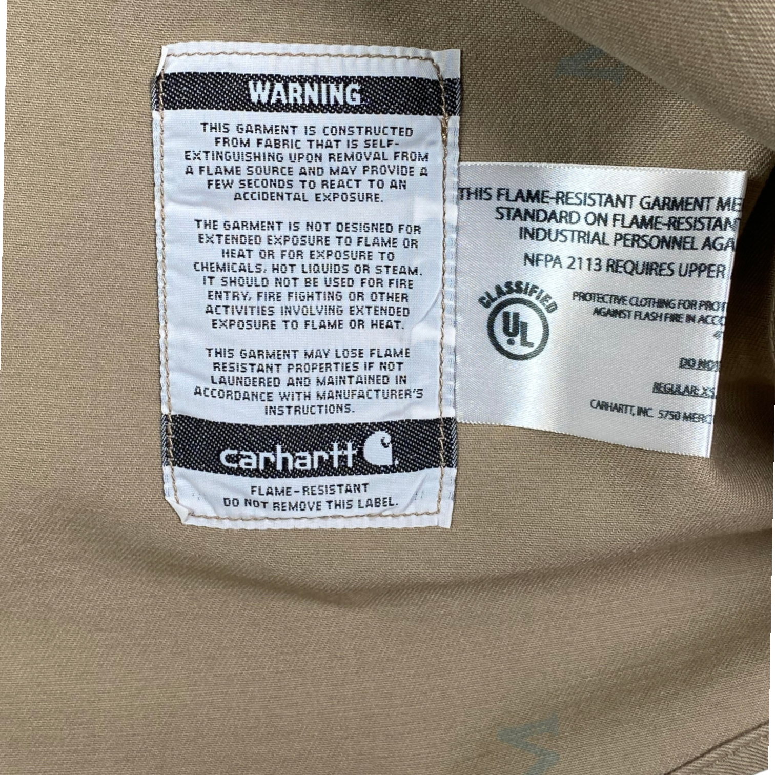 Digg It Thrift & Vintage Carhartt flame resistant tan canvas work shirt interior warning and safety label