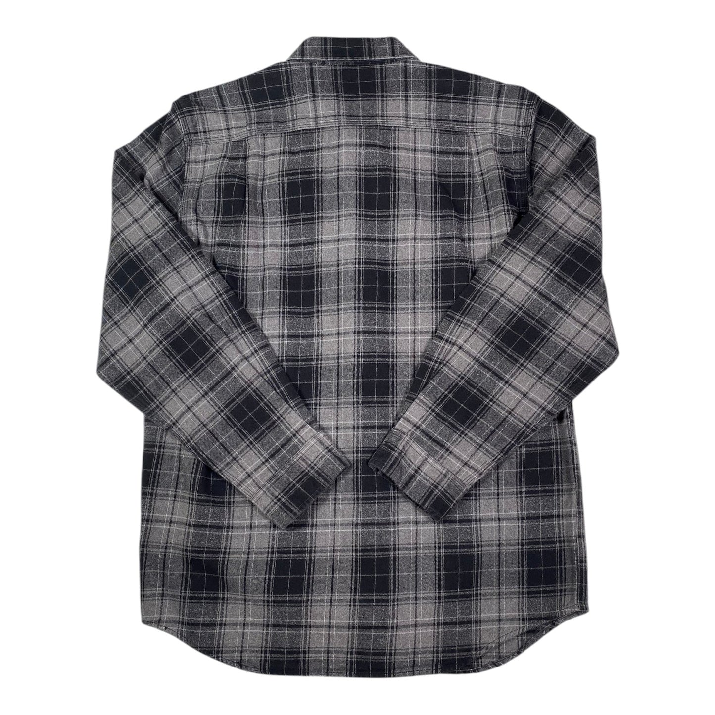 Back view of a Digg It Thrift & Vintage Carhartt charcoal gray plaid flannel long sleeve shirt, size medium.