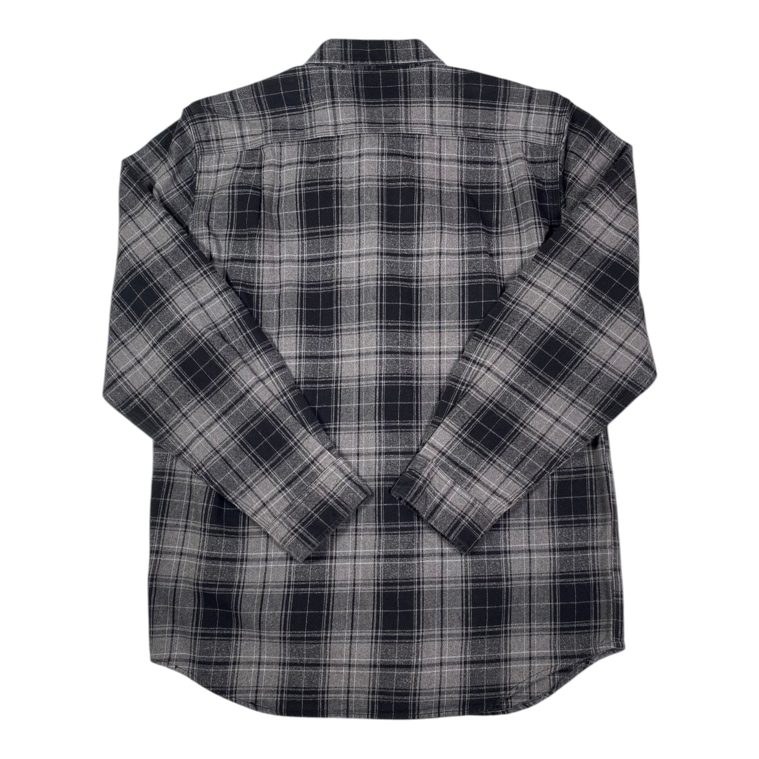 Back view of a Digg It Thrift & Vintage Carhartt charcoal gray plaid flannel long sleeve shirt, size medium.