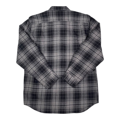 Back view of a Digg It Thrift & Vintage Carhartt charcoal gray plaid flannel long sleeve shirt, size medium.