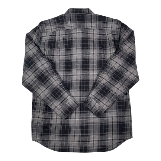 Back view of a Digg It Thrift & Vintage Carhartt charcoal gray plaid flannel long sleeve shirt, size medium.