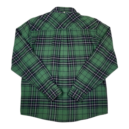 Back view of a Digg It Thrift & Vintage Carhartt forest green plaid flannel long sleeve shirt in size medium