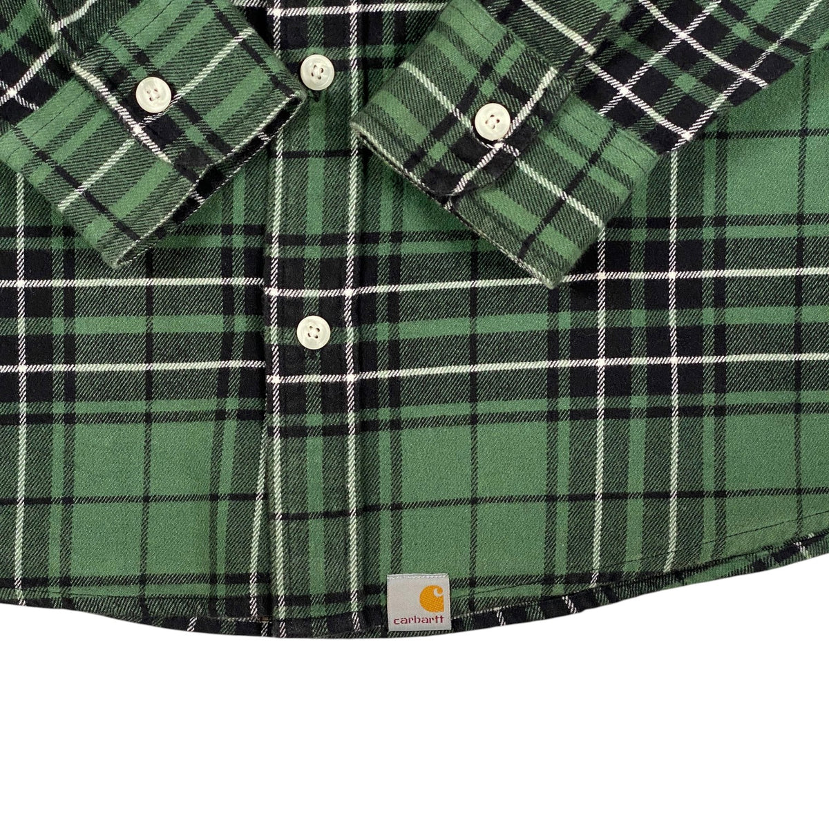 Digg It Thrift & Vintage Carhartt forest green and black plaid flannel shirt with white buttons and logo patch