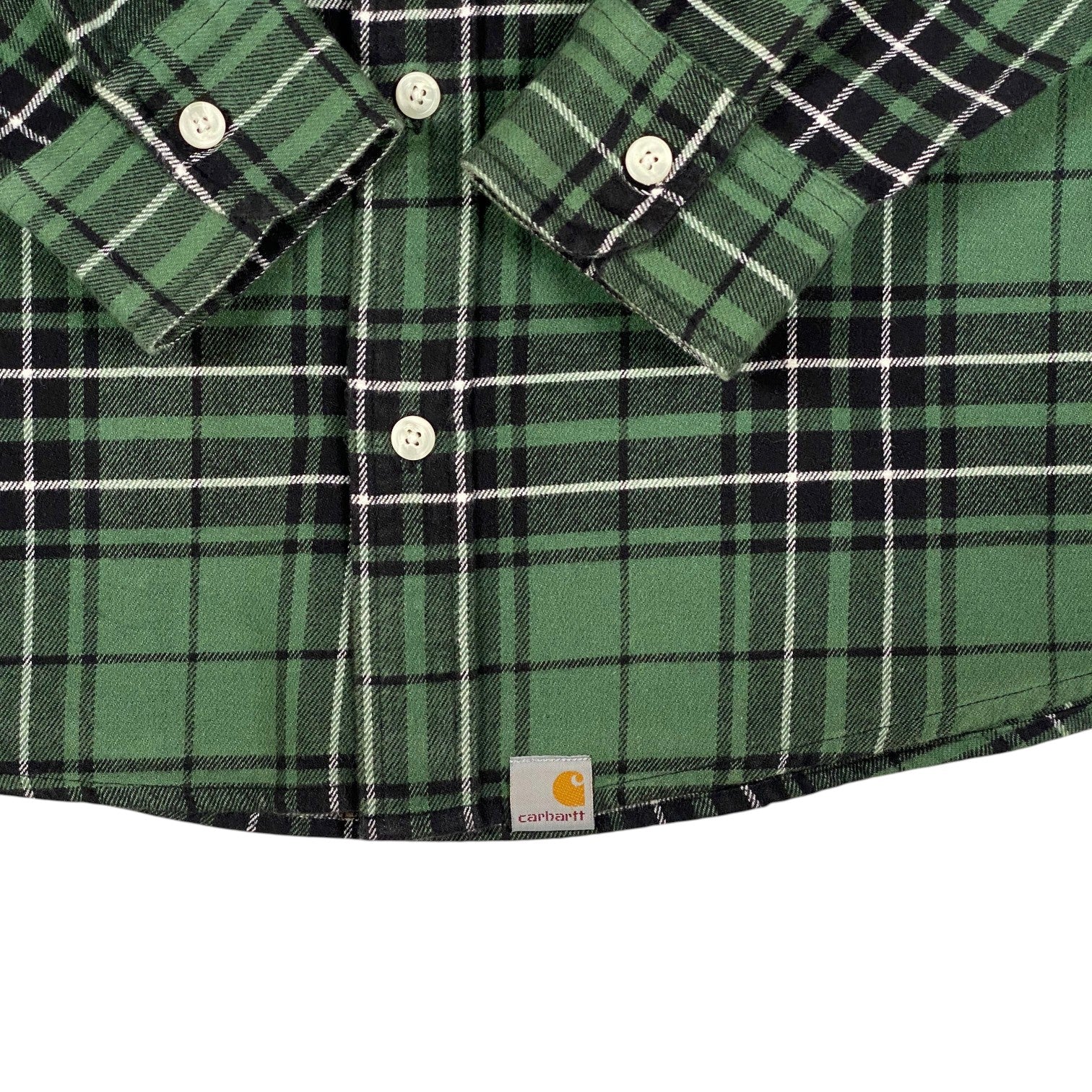 Digg It Thrift & Vintage Carhartt forest green and black plaid flannel shirt with white buttons and logo patch
