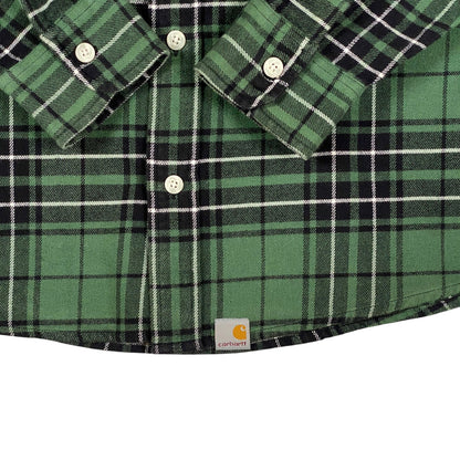 Digg It Thrift & Vintage Carhartt forest green and black plaid flannel shirt with white buttons and logo patch