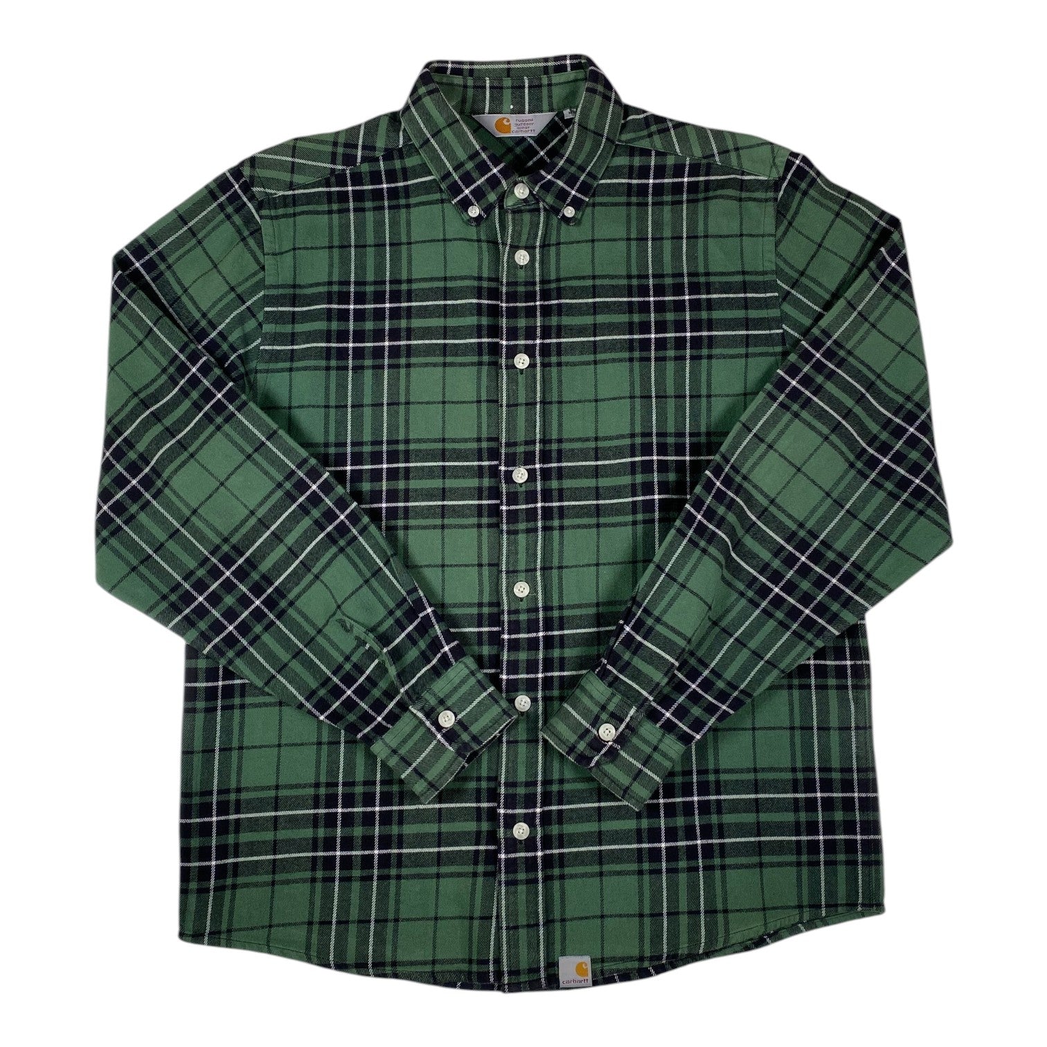 Digg It Thrift & Vintage Carhartt forest green plaid flannel long sleeve shirt with button-down collar, size medium