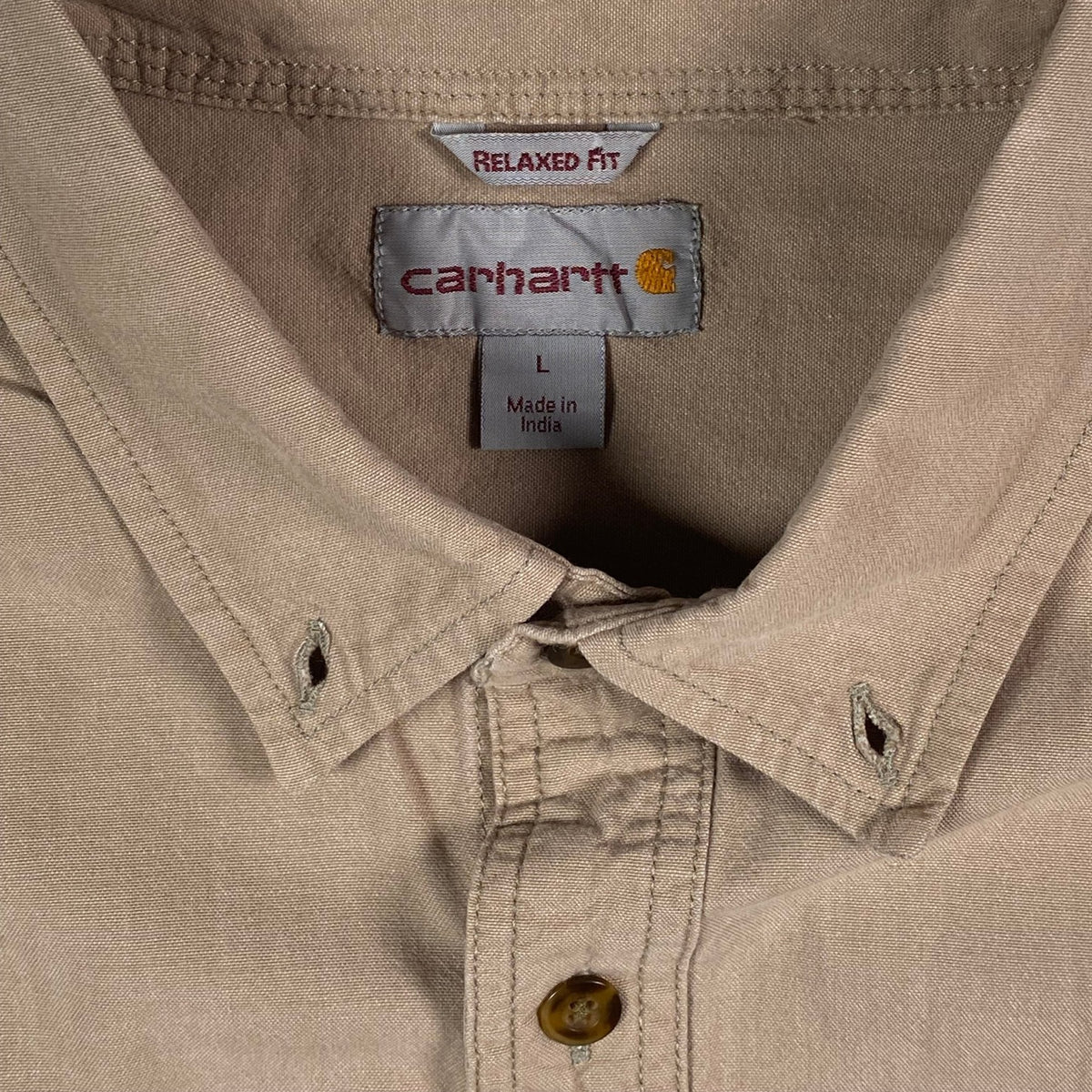 Digg It Thrift & Vintage Carhartt khaki canvas work shirt with relaxed fit collar tag and button down detail