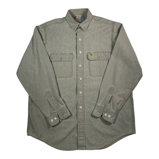 Digg It Thrift & Vintage Carhartt washed khaki long sleeve canvas work shirt with dual chest pockets