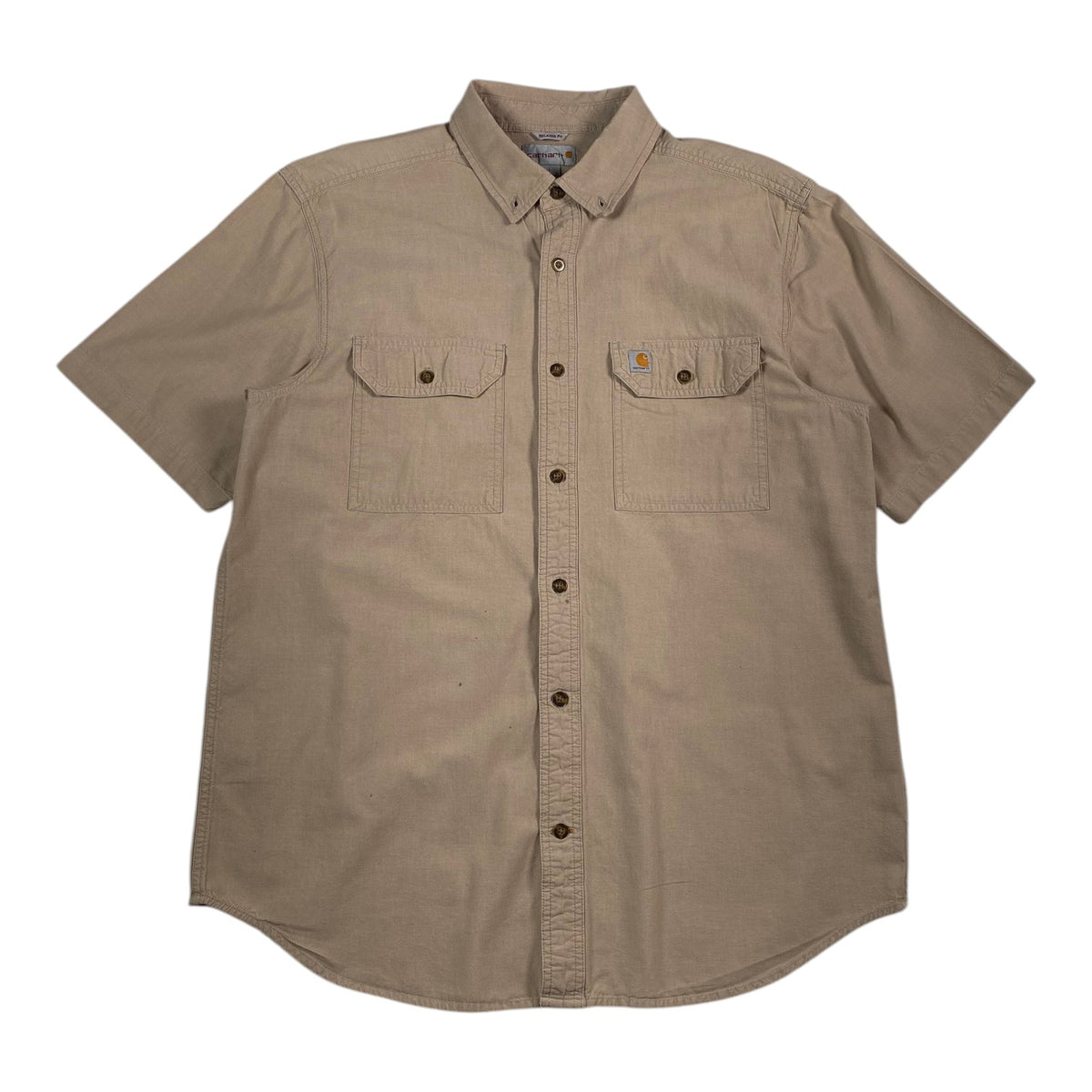 Digg It Thrift & Vintage Carhartt khaki short sleeve canvas work shirt with button-down collar and dual chest pockets