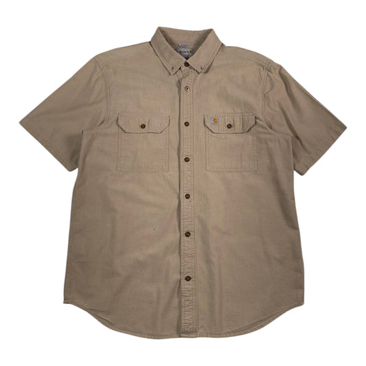 Digg It Thrift & Vintage Carhartt khaki short sleeve canvas work shirt with button-down collar and dual chest pockets