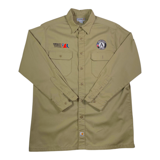 Digg It Thrift & Vintage khaki Carhartt work shirt with AmeriCorps Vet Corps and Washington Veterans Affairs patches.