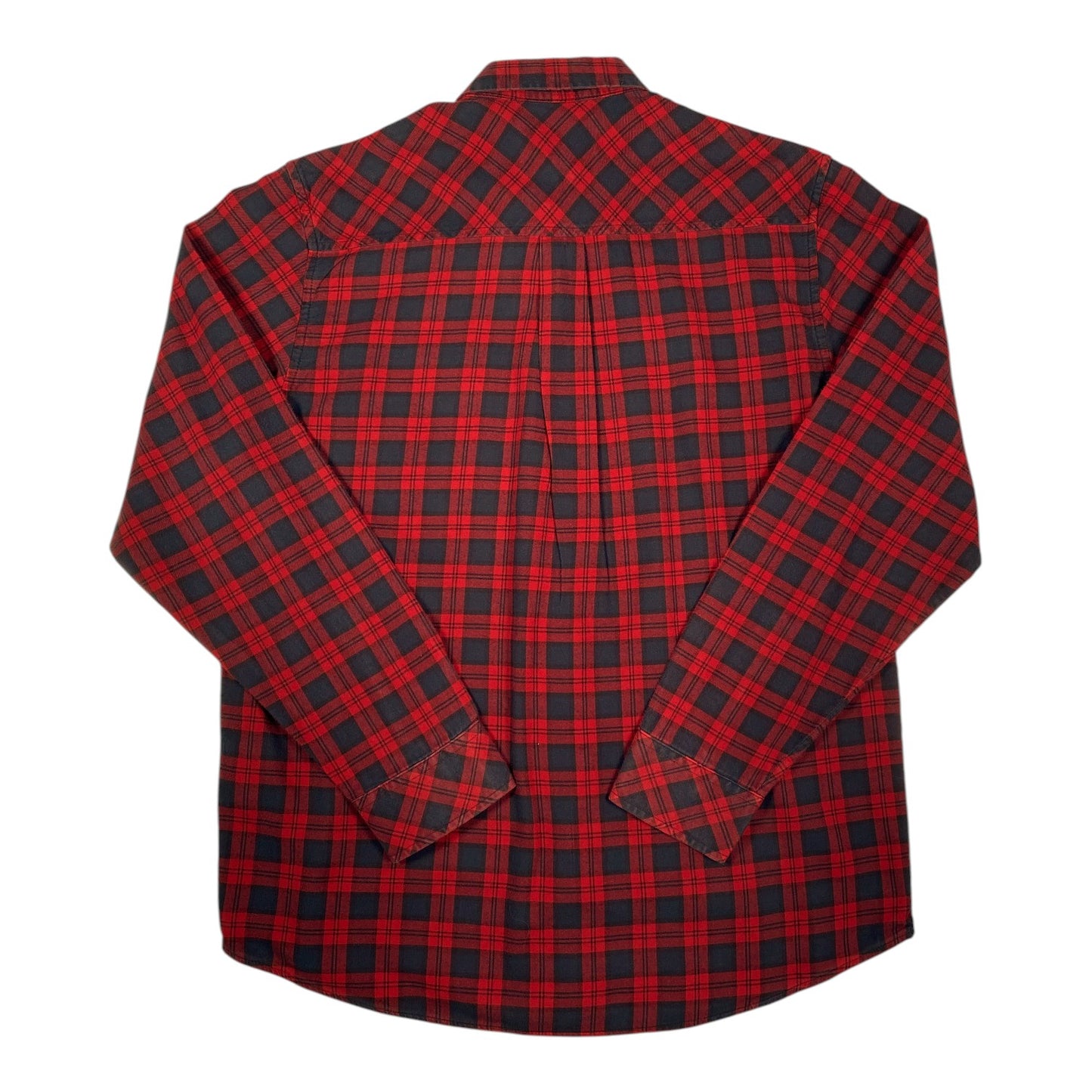 Back view of a Digg It Thrift & Vintage Carhartt WIP red and navy plaid flannel long sleeve shirt, size Medium.