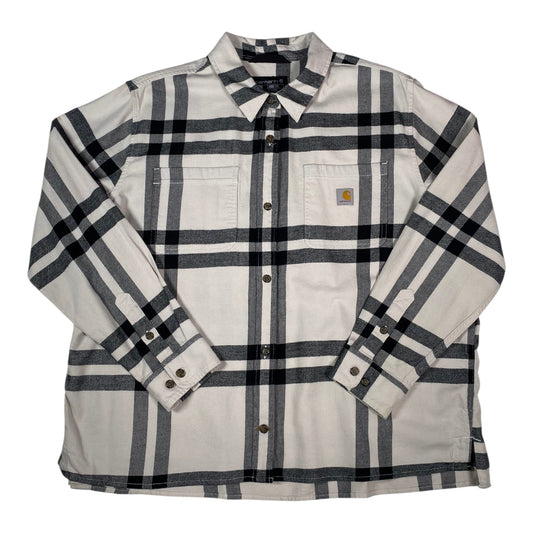 Digg It Thrift & Vintage Carhartt Rugged Flex white and black plaid flannel shirt with button-down front and pocket