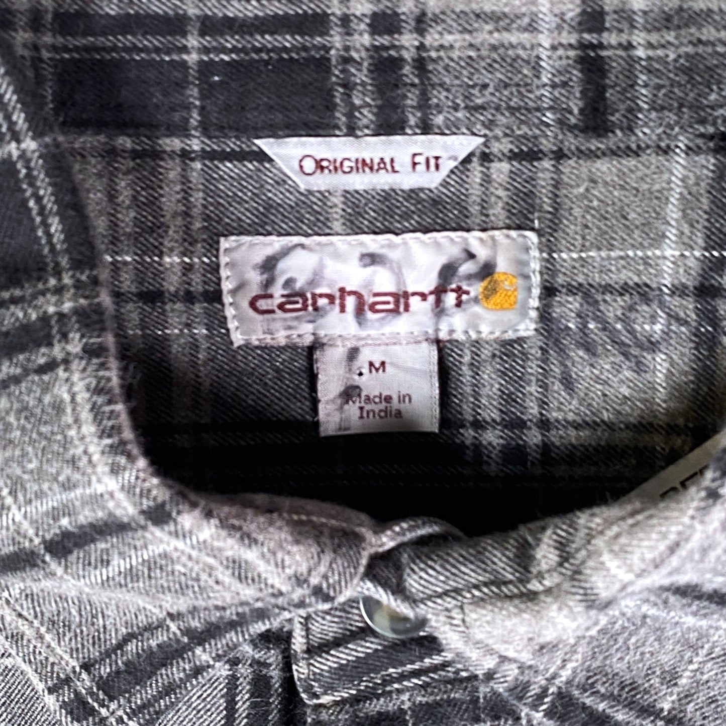 Digg It Thrift & Vintage Carhartt charcoal gray plaid flannel shirt with Original Fit label and size medium tag