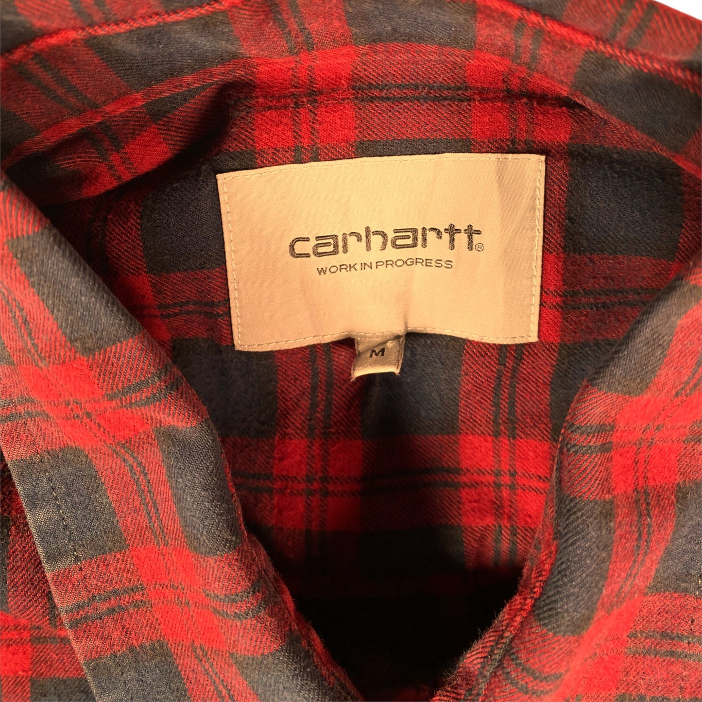 Digg It Thrift & Vintage Carhartt WIP red and navy plaid flannel shirt with size medium neck label