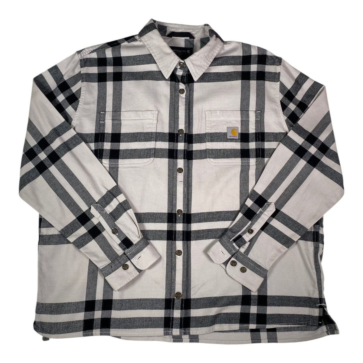 Digg It Thrift & Vintage Carhartt black and white plaid flannel long sleeve shirt with dual chest pockets