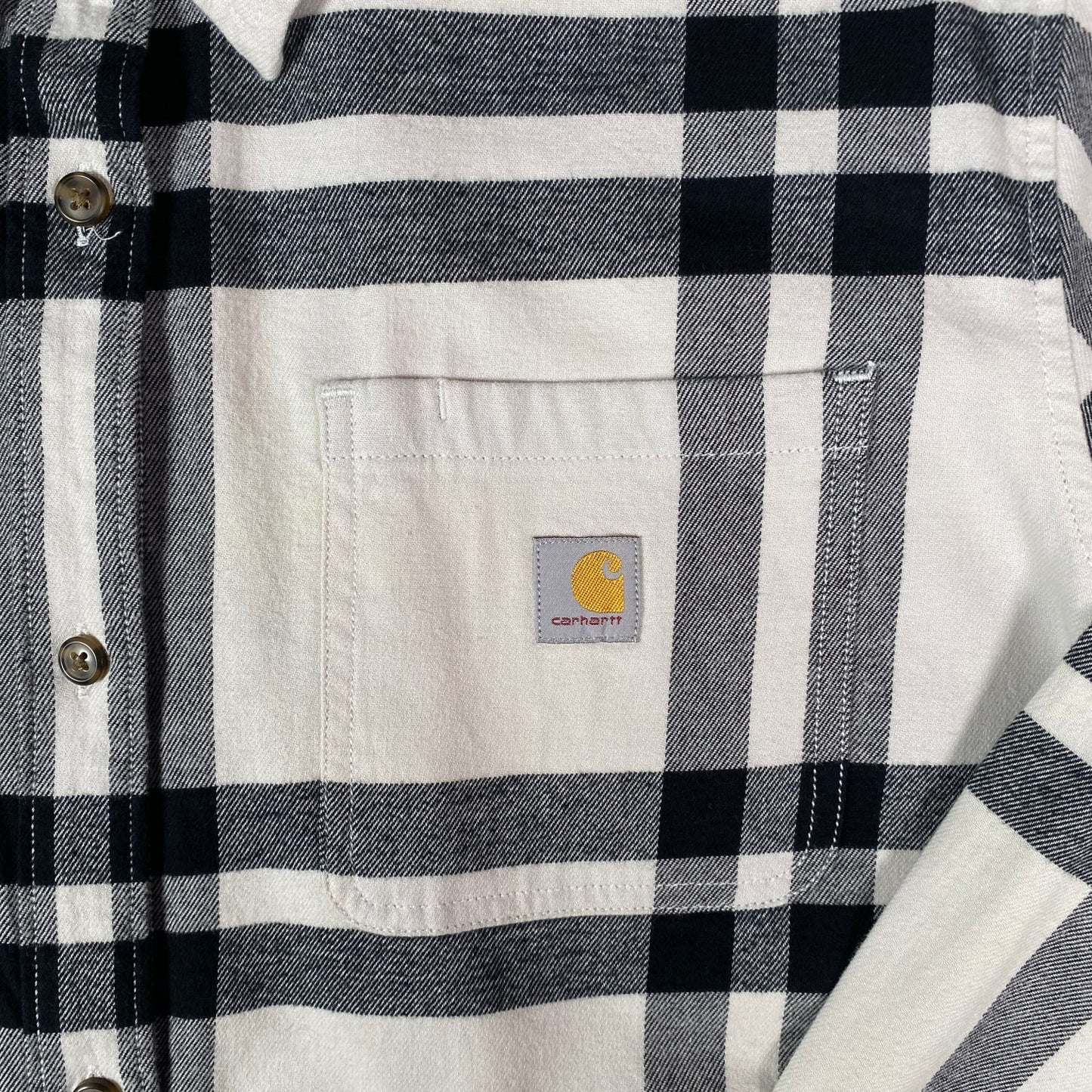 Digg It Thrift & Vintage Carhartt Rugged Flex white and black plaid flannel shirt with chest pocket and logo patch