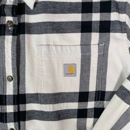 Digg It Thrift & Vintage Carhartt Rugged Flex white and black plaid flannel shirt with chest pocket and logo patch