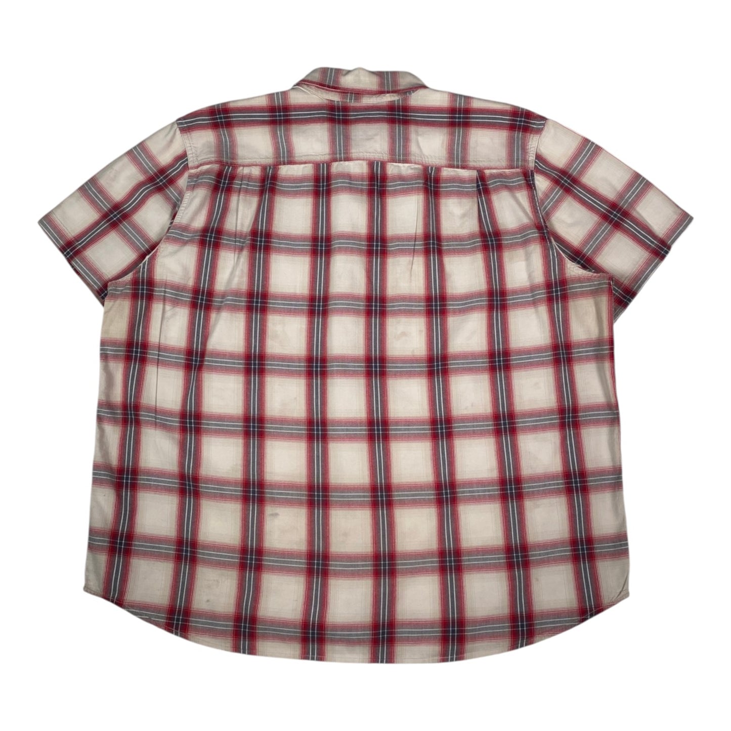 Back view of a Carhartt cream and red plaid short sleeve work shirt from Digg It Thrift & Vintage, size 2XL.