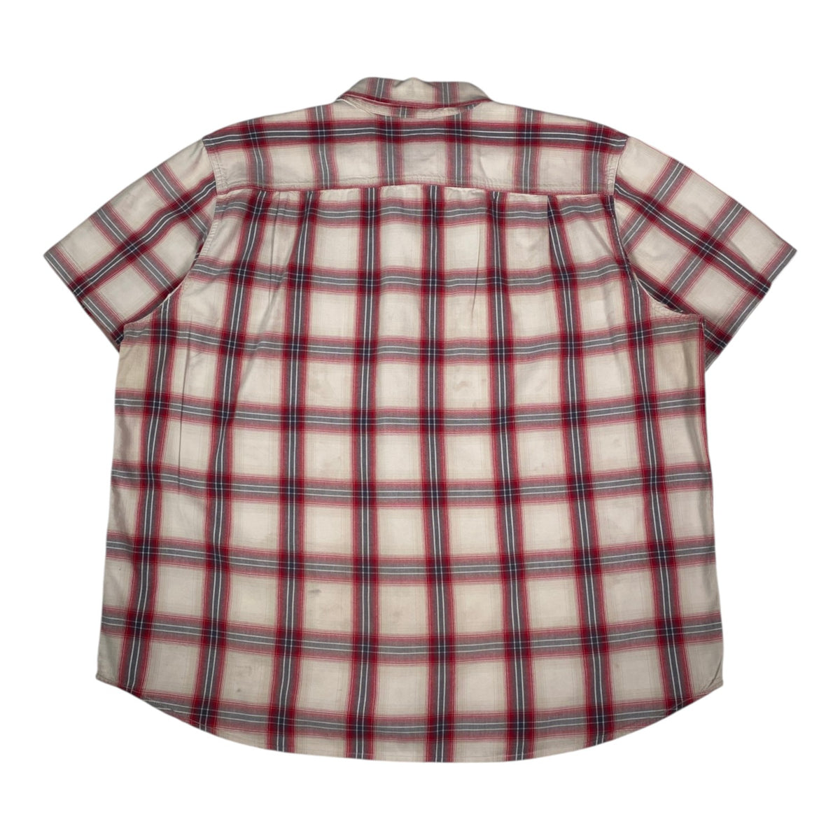 Back view of a Carhartt cream and red plaid short sleeve work shirt from Digg It Thrift & Vintage, size 2XL.