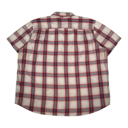 Back view of a Carhartt cream and red plaid short sleeve work shirt from Digg It Thrift & Vintage, size 2XL.