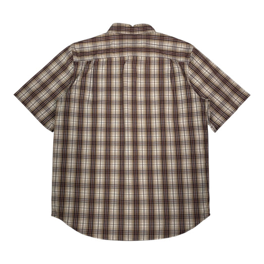 Back view of a Digg It Thrift & Vintage Carhartt brown and cream plaid short sleeve work shirt in size large.