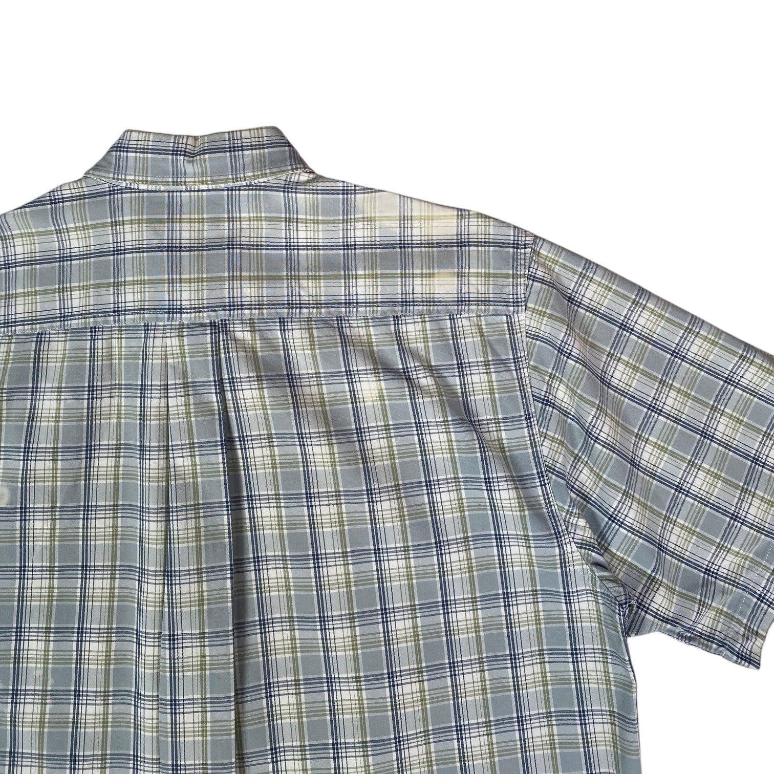 Back view of a Digg It Thrift & Vintage Carhartt short sleeve work shirt in light blue and sage plaid cotton
