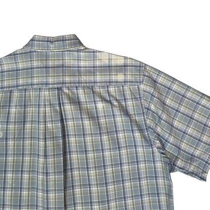 Back view of a Digg It Thrift & Vintage Carhartt short sleeve work shirt in light blue and sage plaid cotton