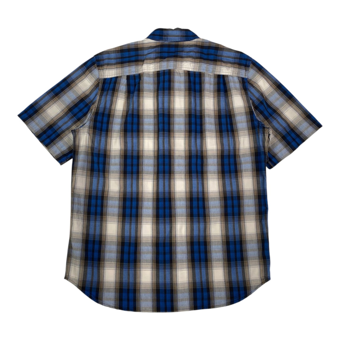 Back view of a Digg It Thrift & Vintage Carhartt short sleeve work shirt in royal blue and tan plaid pattern
