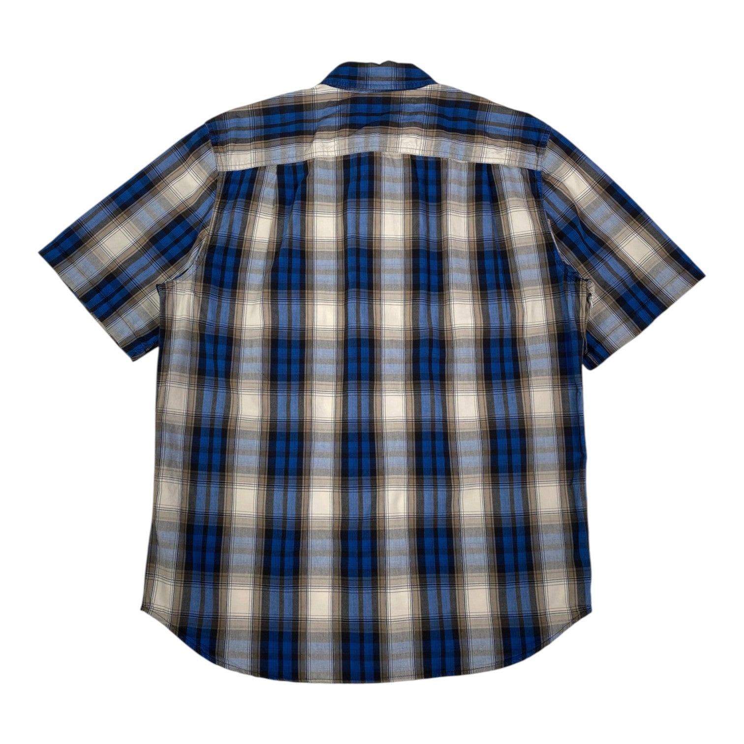 Back view of a Digg It Thrift & Vintage Carhartt short sleeve work shirt in royal blue and tan plaid pattern