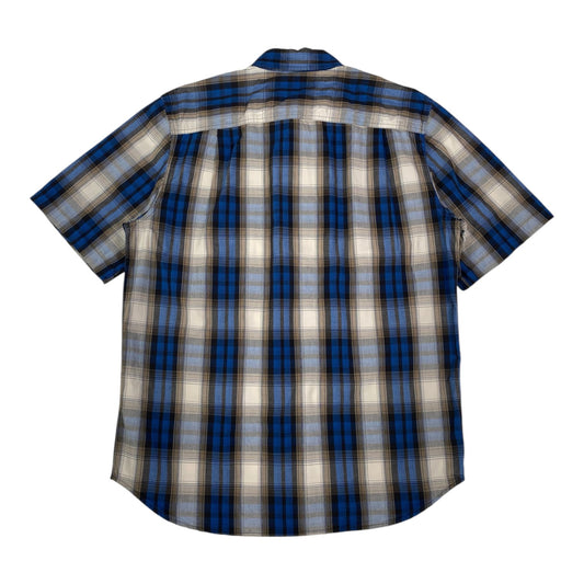 Back view of a Digg It Thrift & Vintage Carhartt short sleeve work shirt in royal blue and tan plaid pattern