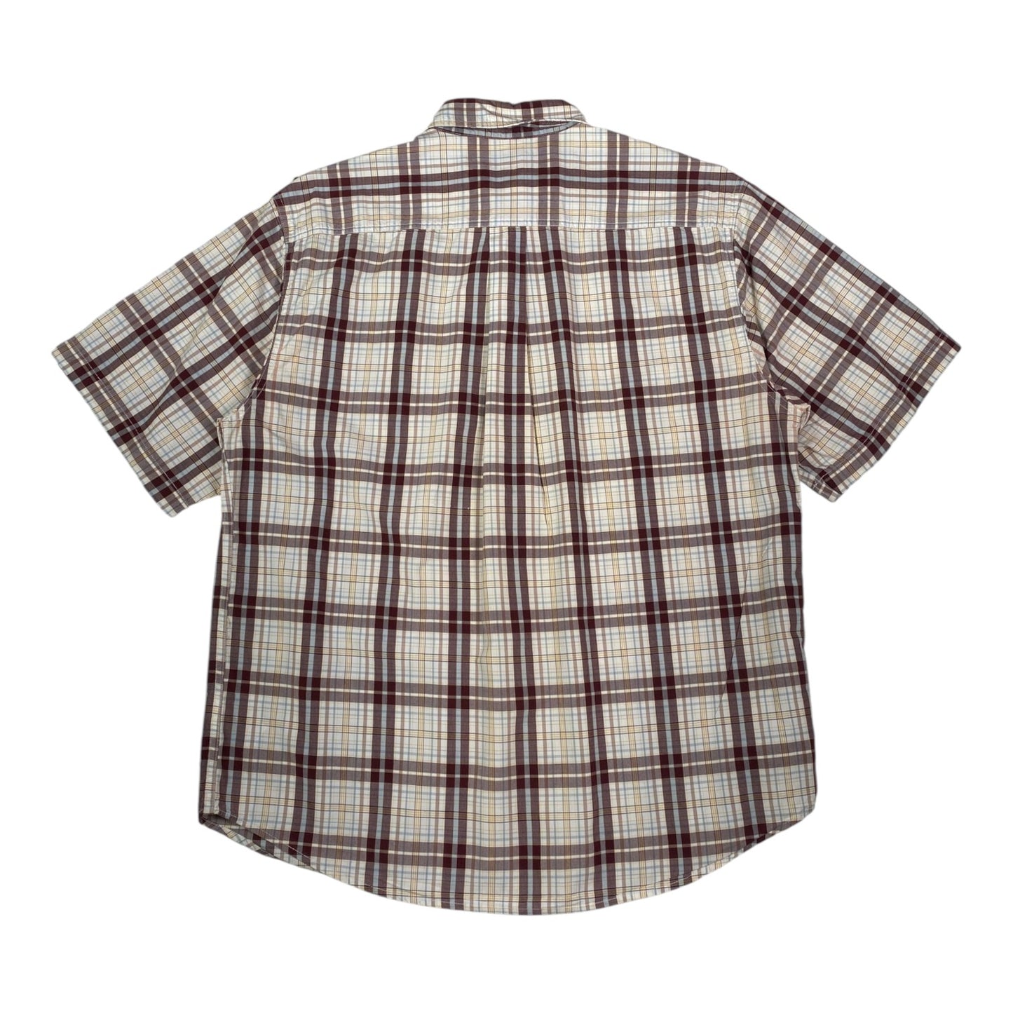 Back view of a Digg It Thrift & Vintage Carhartt burgundy and cream plaid short sleeve work shirt in size large.