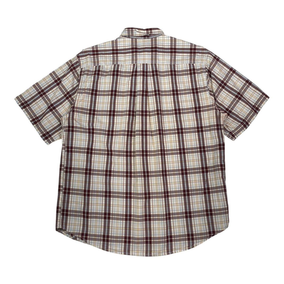 Back view of a Digg It Thrift & Vintage Carhartt burgundy and cream plaid short sleeve work shirt in size large.