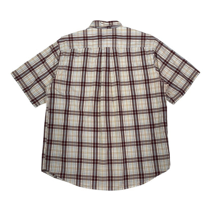 Back view of a Digg It Thrift & Vintage Carhartt burgundy and cream plaid short sleeve work shirt in size large.