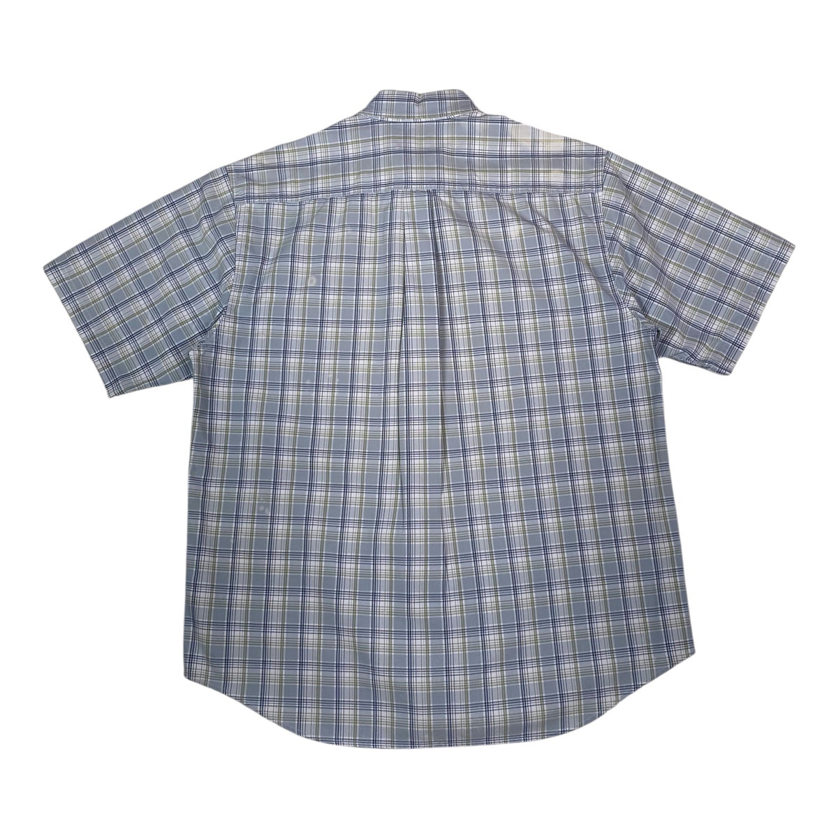 Back view of a Digg It Thrift & Vintage Carhartt short sleeve work shirt in light blue and sage plaid pattern.