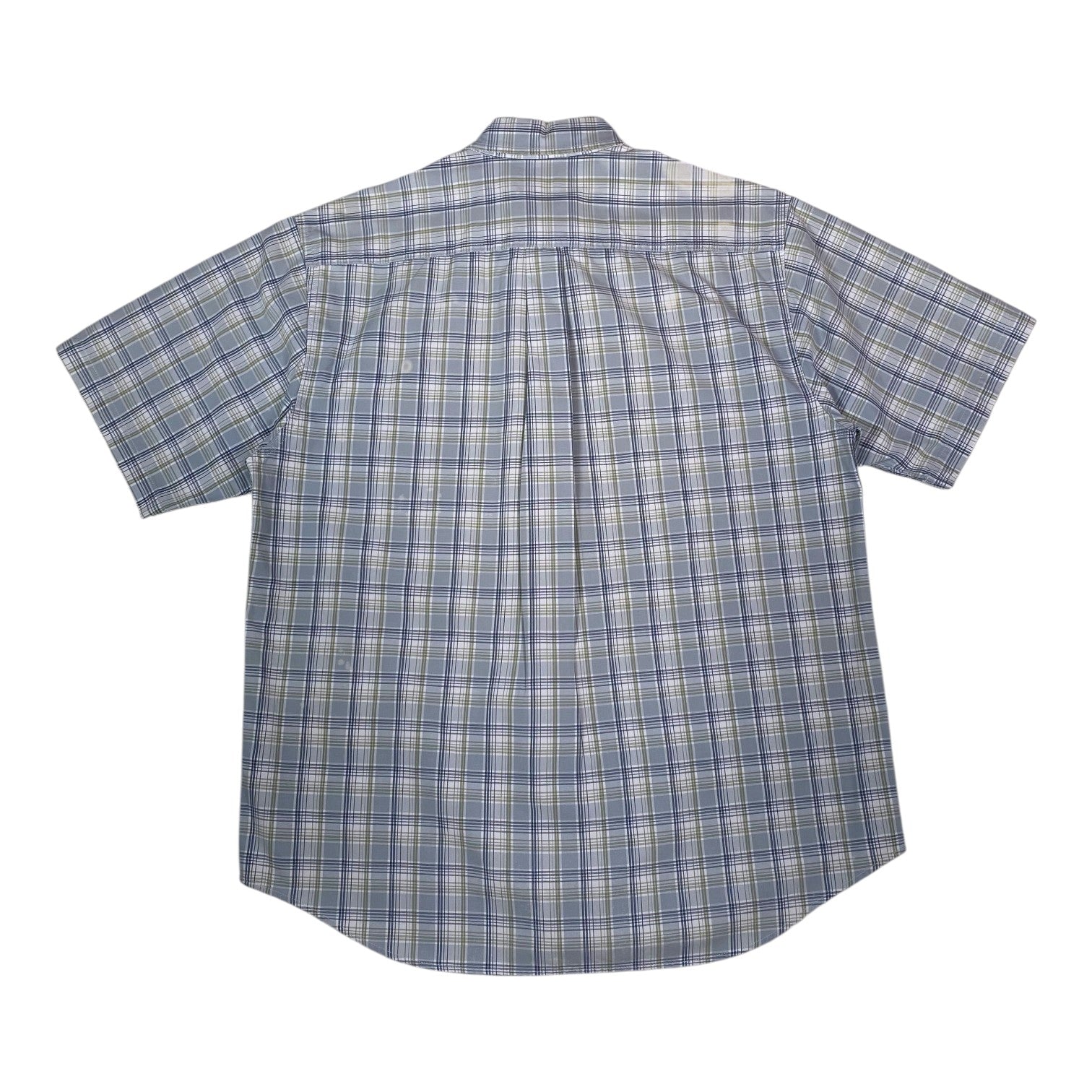 Back view of a Digg It Thrift & Vintage Carhartt short sleeve work shirt in light blue and sage plaid pattern.