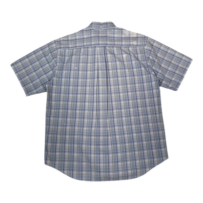 Back view of a Digg It Thrift & Vintage Carhartt short sleeve work shirt in light blue and sage plaid pattern.