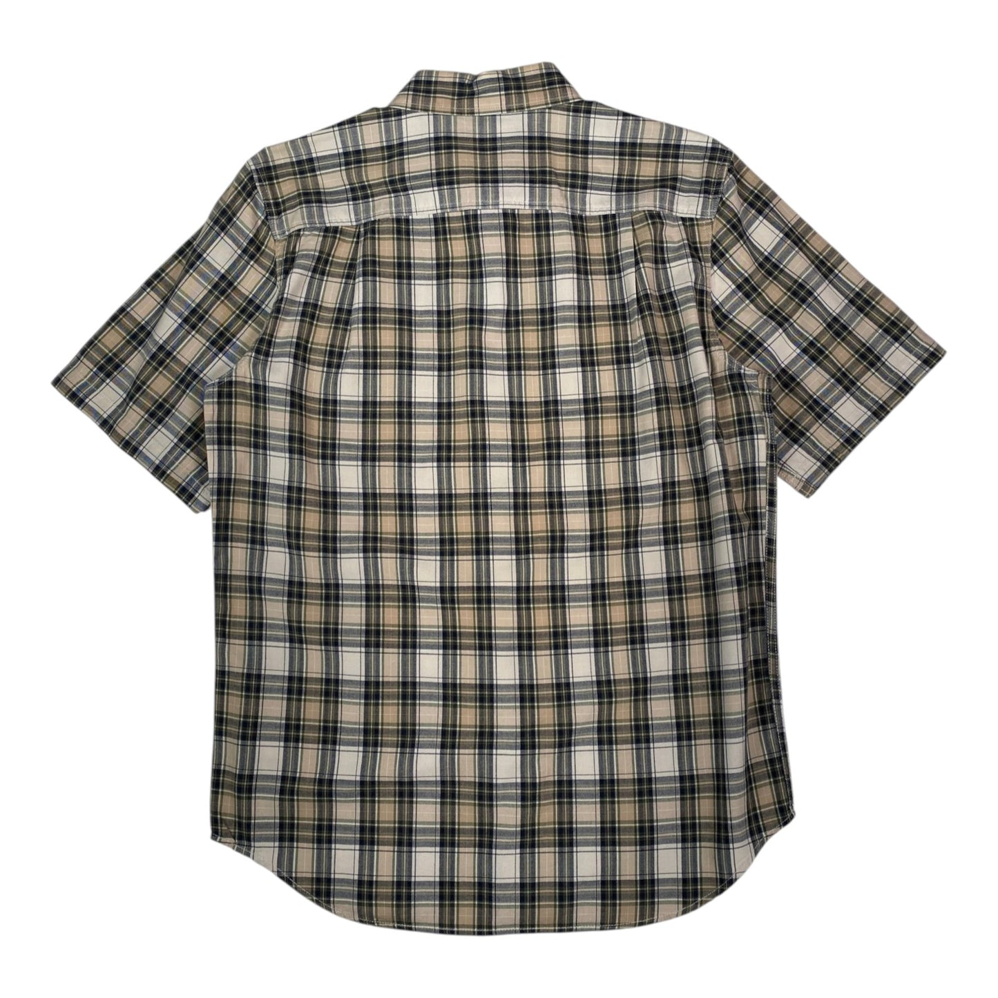 Back view of a Digg It Thrift & Vintage Carhartt olive and beige plaid short sleeve work shirt in size medium.