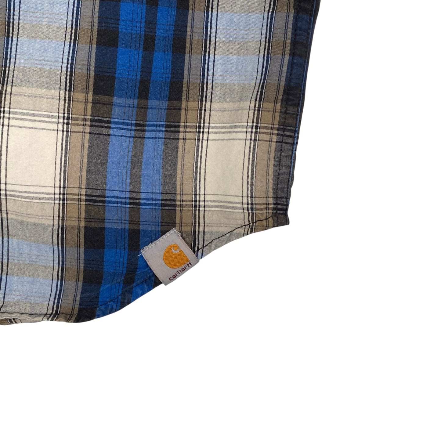 Digg It Thrift & Vintage Carhartt royal blue and tan plaid short sleeve work shirt with hem logo tag