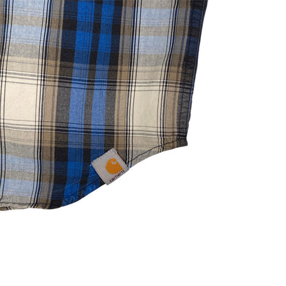 Digg It Thrift & Vintage Carhartt royal blue and tan plaid short sleeve work shirt with hem logo tag
