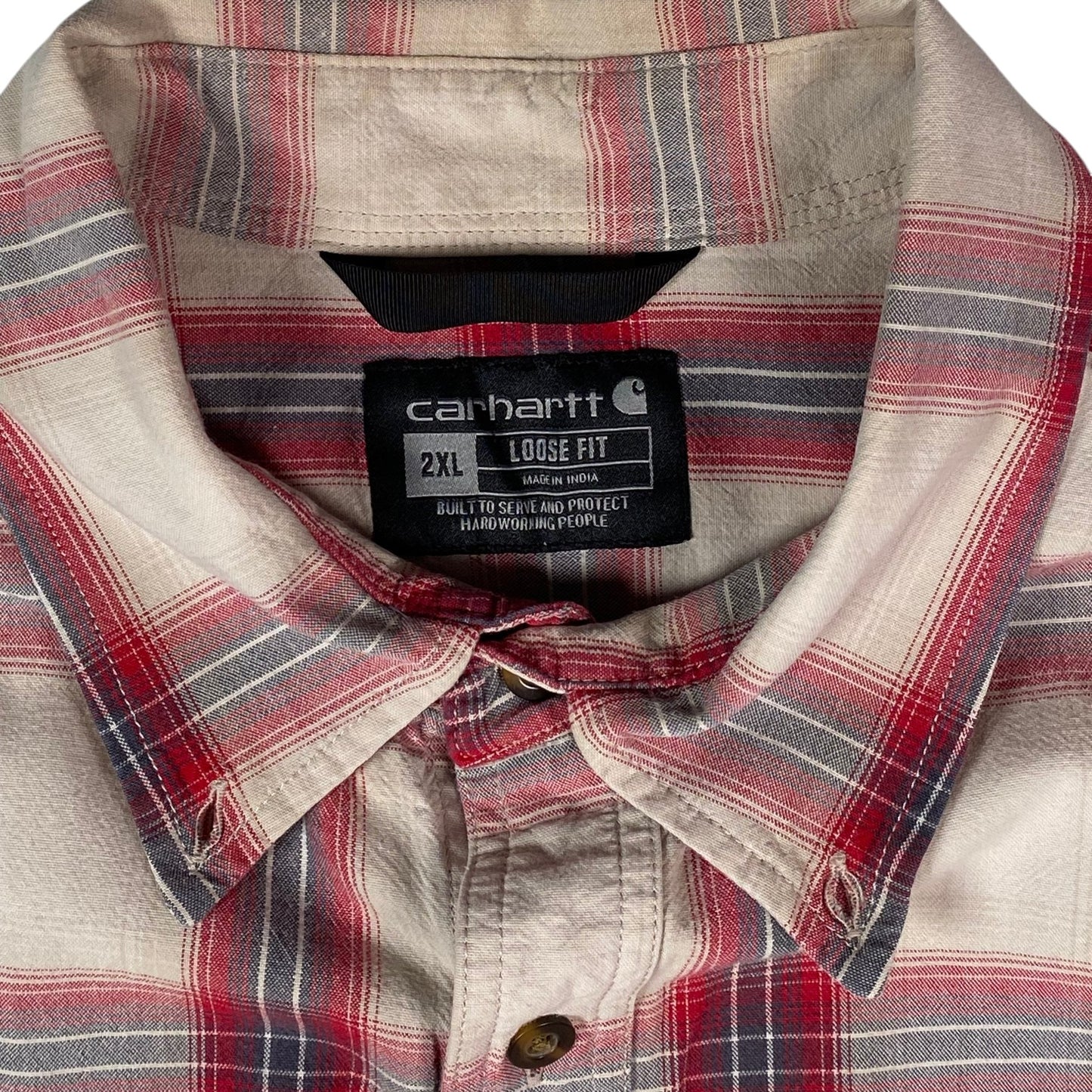 Digg It Thrift & Vintage Carhartt cream and red plaid short sleeve work shirt with 2XL loose fit label