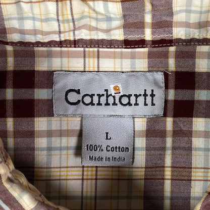 Digg It Thrift & Vintage Carhartt burgundy and cream plaid cotton work shirt size large label detail