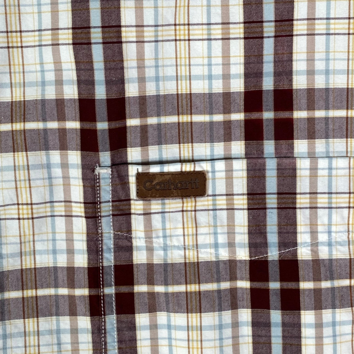 Digg It Thrift & Vintage Carhartt burgundy and cream plaid short sleeve work shirt with chest pocket and logo patch