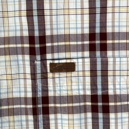 Digg It Thrift & Vintage Carhartt burgundy and cream plaid short sleeve work shirt with chest pocket and logo patch