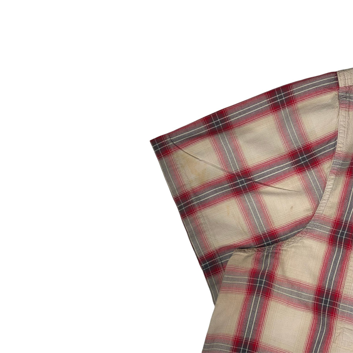 Digg It Thrift & Vintage Carhartt cream and red plaid short sleeve work shirt with visible light staining on sleeve