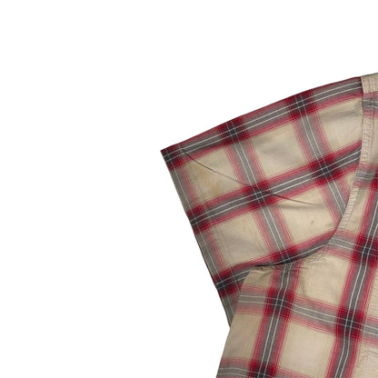 Digg It Thrift & Vintage Carhartt cream and red plaid short sleeve work shirt with visible light staining on sleeve