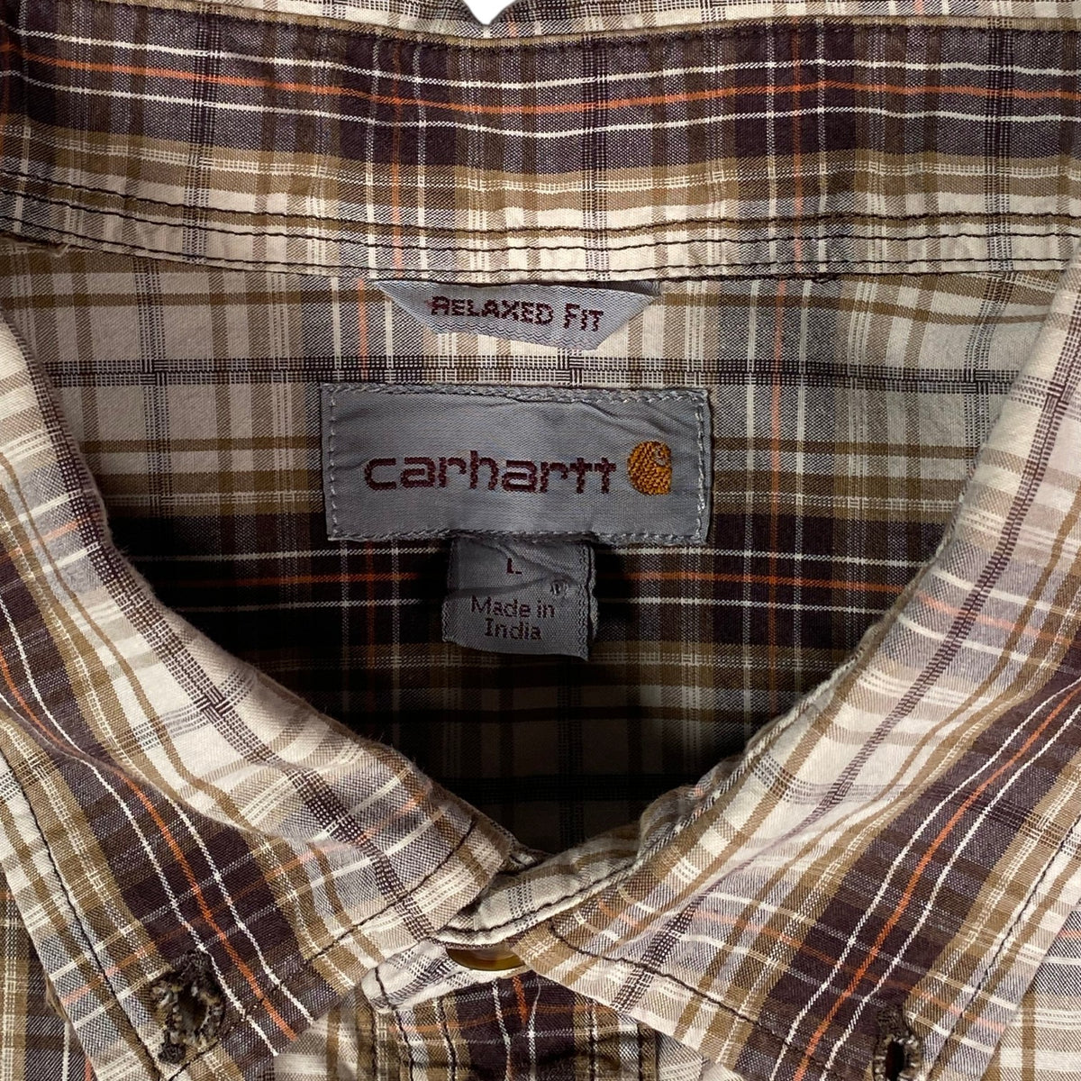 Digg It Thrift & Vintage Carhartt brown and cream plaid short sleeve work shirt with relaxed fit label