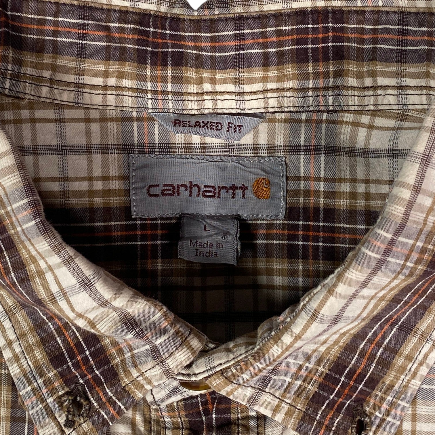 Digg It Thrift & Vintage Carhartt brown and cream plaid short sleeve work shirt with relaxed fit label