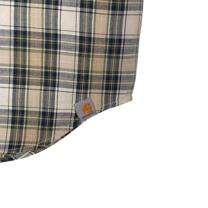 Digg It Thrift & Vintage Carhartt olive and beige plaid short sleeve work shirt with a classic woven logo patch
