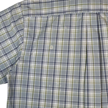 Digg It Thrift & Vintage Carhartt light blue and sage plaid short sleeve work shirt with light stains on the back